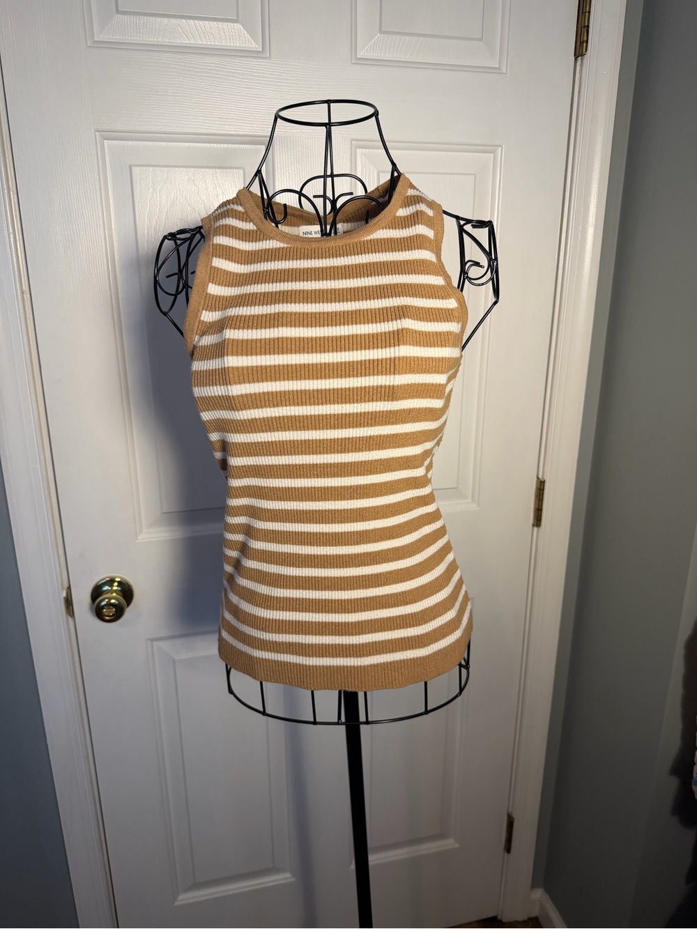 NINE WEST Camel & White Striped Ribbed Knit Tank Top Size S Small
